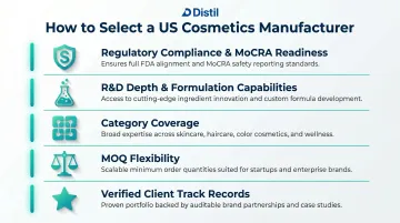Five key criteria for evaluating US cosmetics manufacturer selection infographic