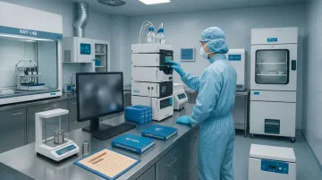 Modern cosmetic manufacturing lab with scientists formulating skincare products