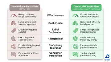 Clean label versus conventional emulsifiers six-dimension side-by-side comparison infographic
