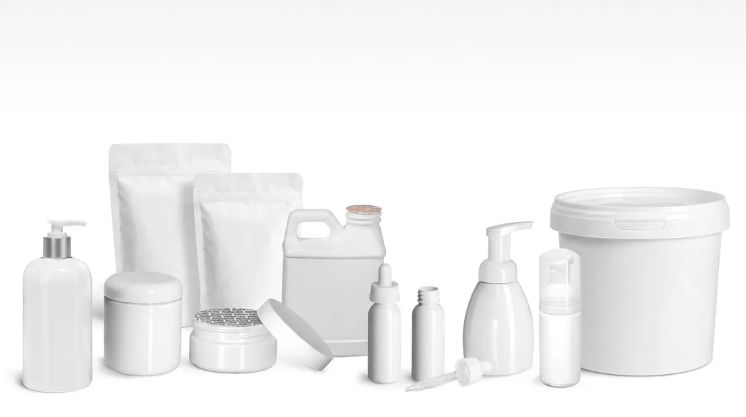 White plastic food packaging flexible films and rigid containers on retail shelf