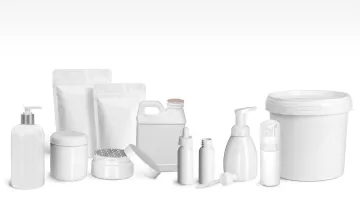 White plastic food packaging flexible films and rigid containers on retail shelf