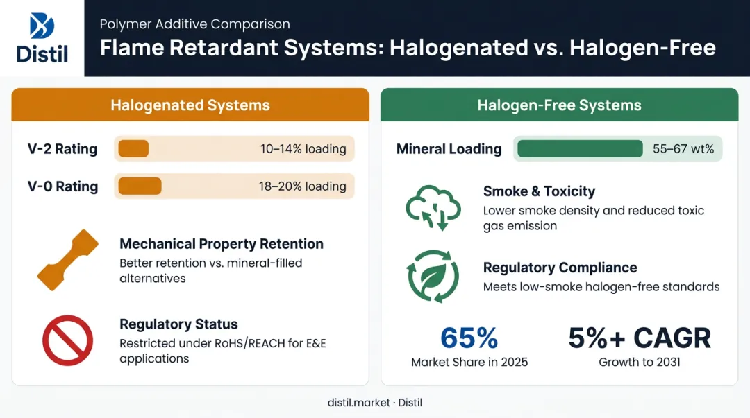 Halogenated versus halogen-free flame retardant masterbatch loading requirements and market share comparison