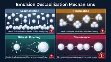 Four W/O emulsion destabilization pathways sedimentation flocculation coalescence Ostwald ripening