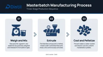 3-step masterbatch manufacturing process from mixing to pelletizing infographic