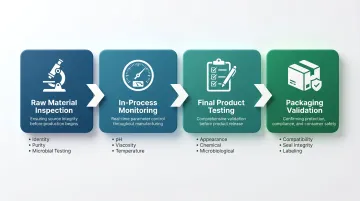 Four-stage cosmetics manufacturing quality control process flow infographic