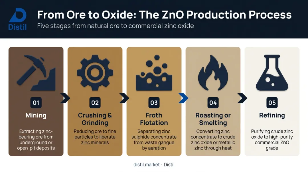 5-step zinc ore to zinc oxide processing chain flow diagram