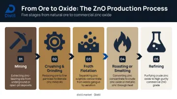 5-step zinc ore to zinc oxide processing chain flow diagram