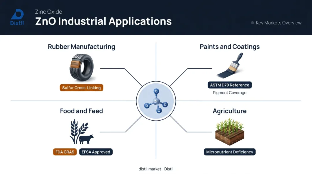 Zinc oxide industrial applications rubber coatings food agriculture use cases overview