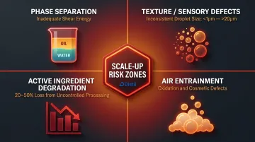 Four common skincare formulation scale-up failure points process diagram