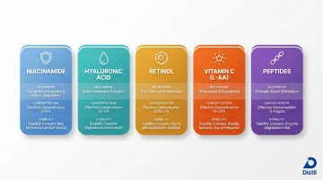 Five key skincare actives comparison chart with stability and concentration data