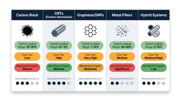 Five conductive additive types comparison infographic showing loading cost and mechanical impact