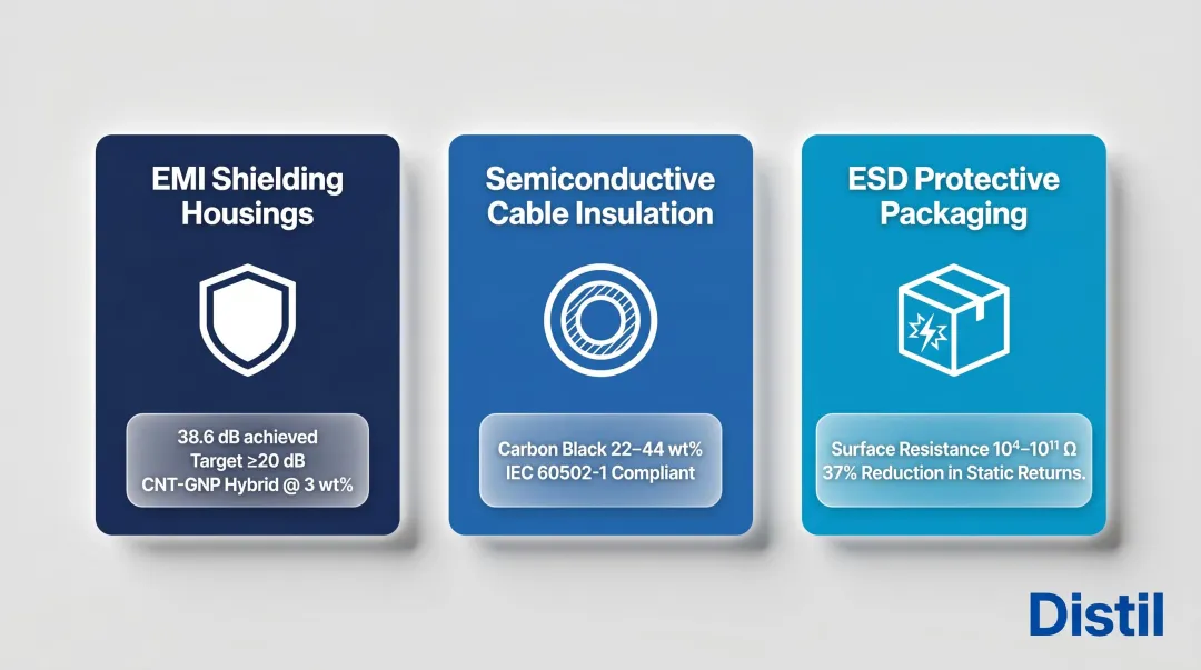 Conductive polymer applications by industry segment showing EMI shielding ESD and cable resistivity targets
