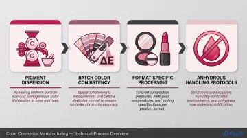 Four key technical stages of color cosmetics manufacturing process infographic