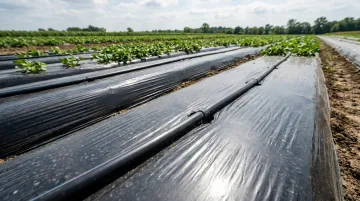 Agricultural mulch film and drip irrigation pipes installed in outdoor crop field