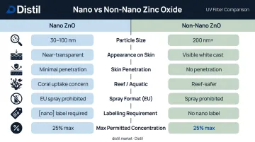 Nano versus non-nano zinc oxide seven-parameter side-by-side comparison infographic