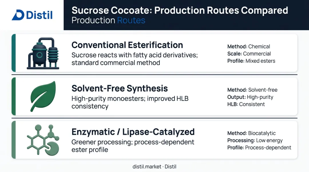 Three sucrose cocoate production routes comparison infographic with sustainability notes