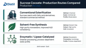 Three sucrose cocoate production routes comparison infographic with sustainability notes