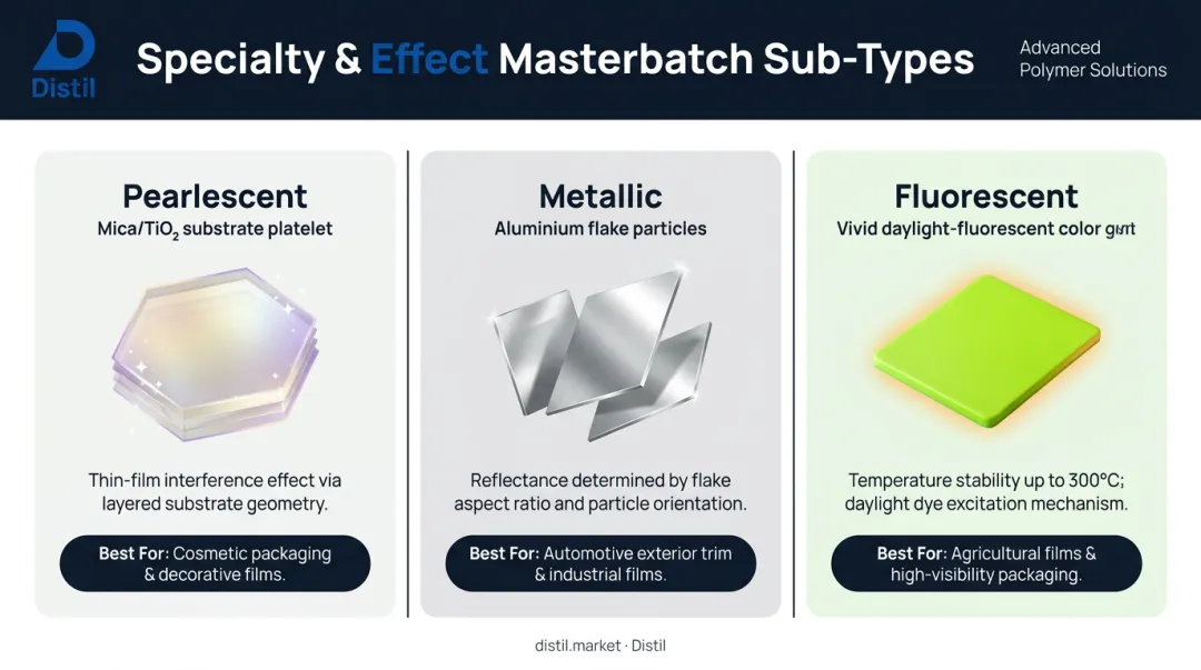 Three specialty effect masterbatch types pearlescent metallic fluorescent properties and applications