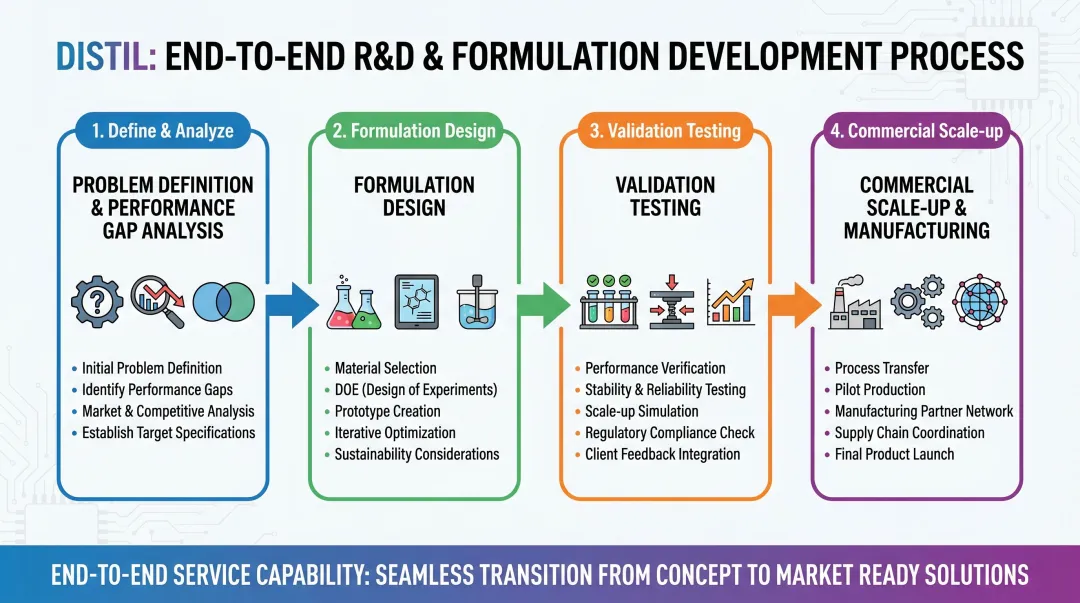 Distil formulation development process from problem definition through commercial scale-up