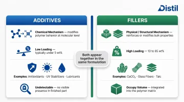 Polymer additives versus fillers comparison showing mechanisms loading levels and examples