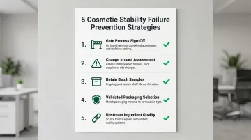 Five cosmetic stability failure prevention strategies process checklist infographic