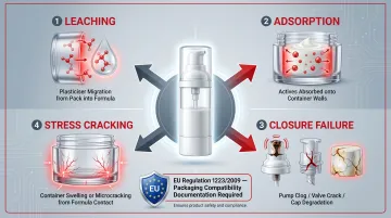 Cosmetic packaging compatibility failure types leaching adsorption and stress cracking diagram