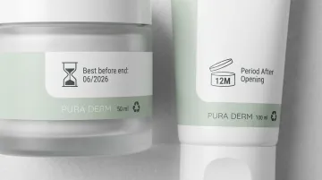 Cosmetic product label displaying EU best-before egg timer symbol and period after opening icon