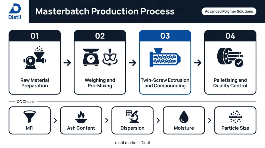 Four-step filler masterbatch production process from raw material to quality control