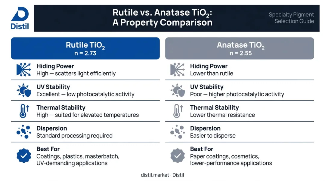 Rutile versus anatase TiO2 properties side-by-side comparison infographic