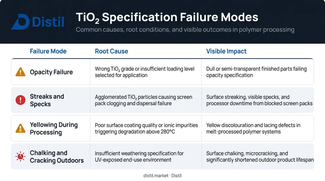 White masterbatch TiO2 failure modes root causes and visible impacts table infographic