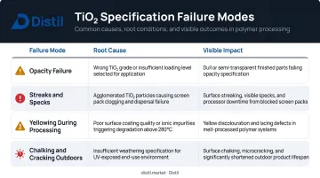 White masterbatch TiO2 failure modes root causes and visible impacts table infographic