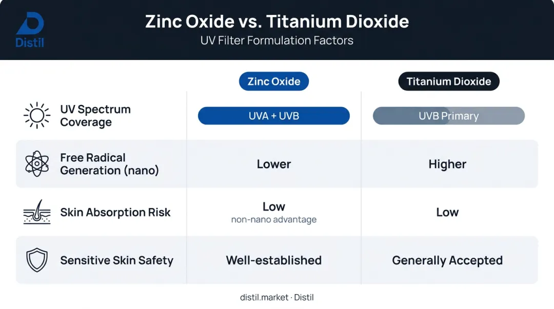 Zinc oxide versus titanium dioxide UV filter four-factor formulation comparison table