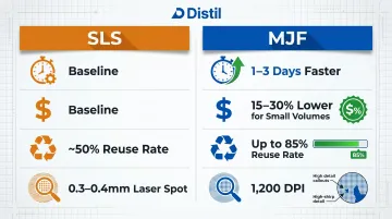 MJF versus SLS powder bed fusion comparison infographic with four key metrics