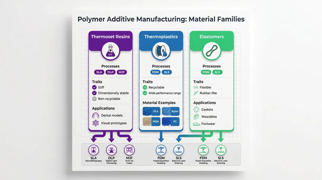 Three polymer AM material families thermosets thermoplastics and elastomers comparison chart