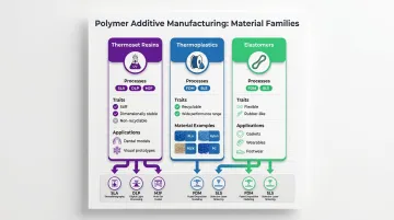 Three polymer AM material families thermosets thermoplastics and elastomers comparison chart