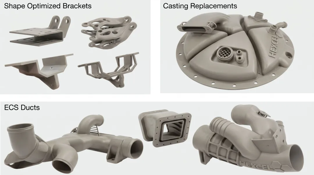 Lightweight 3D-printed polymer aerospace components installed in commercial aircraft interior