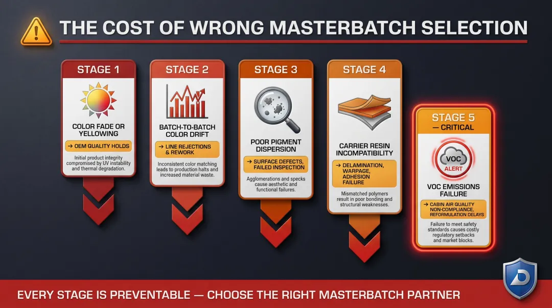 Poor masterbatch selection failure chain showing five downstream production consequences