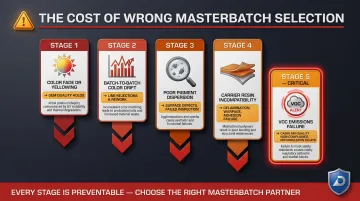 Poor masterbatch selection failure chain showing five downstream production consequences