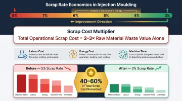 Injection moulding scrap rate cost impact infographic showing savings from 5 percent to 3 percent reduction