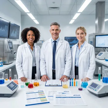 Chemical formulation consulting team reviewing lab samples
