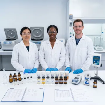 Scientists reviewing formulation samples in a specialty chemicals lab