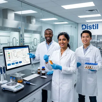 Chemical product development team reviewing formulations in a lab