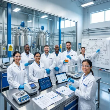 Fine chemical manufacturing team reviewing production process