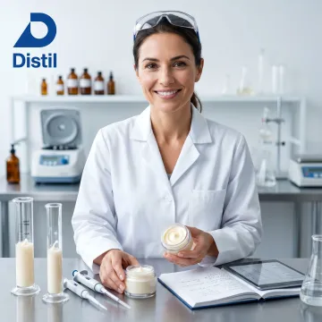 Cosmetic chemist reviewing skincare formulation samples