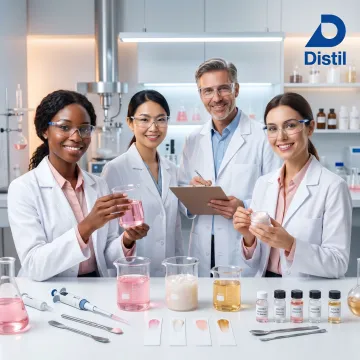 Cosmetic formulation team developing personal care products