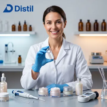 Scientist evaluating cosmetic emollient formulation samples