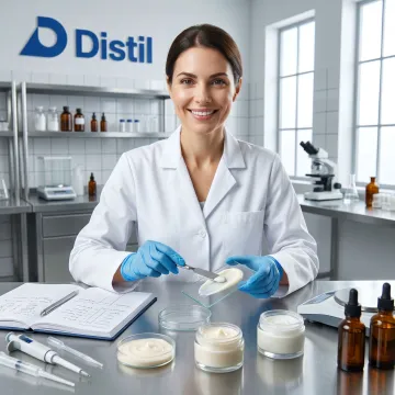 Scientist evaluating silicone-free emollient texture in skincare lab