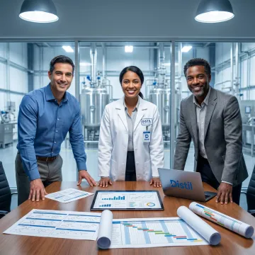Specialty chemicals manufacturing partnership team reviewing production plans