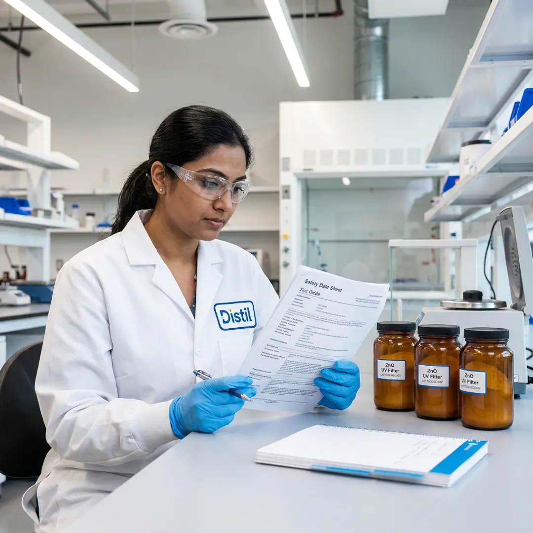 Scientist reviewing zinc oxide powder documentation
