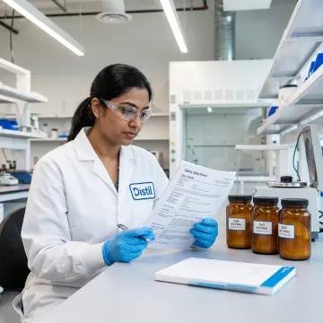 Scientist reviewing zinc oxide powder documentation